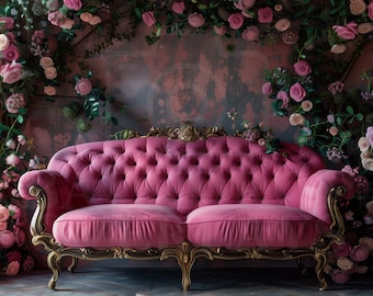 Digital bakgrund för rosa blommig soffa, romantisk fotografering, elegant studioprop