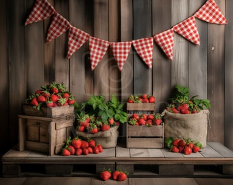 Strawberry Farm Digital Backdrop Studio Photography Background Childrens Whimsical Portraits