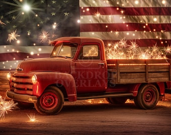 4.Juli Digital Backdrop Feuerwerk amerikanischer Vintage-Truck-Fotografie-Hintergrund, digitaler Hintergrund