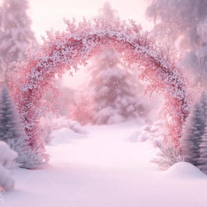 May include: A pink floral archway covered in snow stands in a snowy forest. The archway is surrounded by tall, snow-covered trees. The scene is bathed in a soft, pink light.