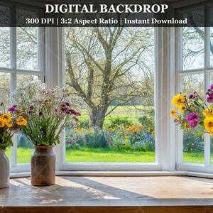 Op de afbeelding: Een digitale achtergrondafbeelding met een raam met uitzicht op een groen veld en bomen. Vazen met gele en paarse bloemen staan op een houten oppervlak. De tekst "DIGITAL BACKDROP" en andere details staan bovenaan.