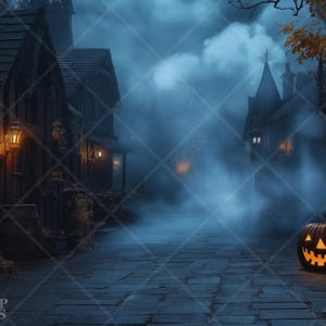 May include: A spooky Halloween scene with a cobblestone street leading to a foggy, dark village.  The street is lined with old, wooden buildings with lit windows. A jack-o'-lantern sits on the ground, glowing in the darkness.