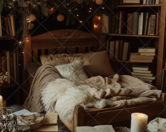 May include: A cozy bed with a white faux fur throw, brown blankets, and a tan pillow. The bed is in a room with a bookshelf filled with books and string lights.