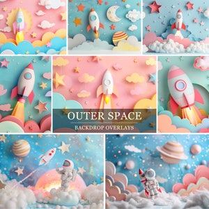 Rocket Ship Digital Backdrops Studio Outer Space Photography Backgrounds Kids Whimsical Portrait Composite