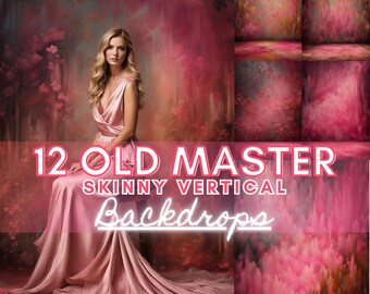 Może przedstawiać: Kobieta w różowej satynowej sukni pozuje przed cyfrowym tłem w różowo-czerwonej kolorystyce. Tło jest oznaczone jako "12 Old Master Skinny Vertical Backdrops".