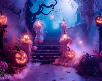 May include: A spooky Halloween backdrop with a staircase leading up to a mysterious house. The scene is lit with glowing lanterns and pumpkins, creating a magical and eerie atmosphere.