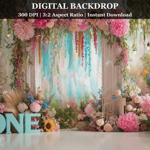 Boho Floral ONE Birthday Digital Backdrop Wildflower Garden Cake Smash Photography Background Baby Girl Studio Prop