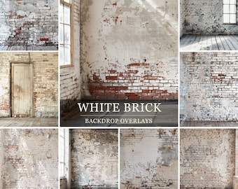May include: A collection of eight digital backdrop overlays featuring white brick walls with varying degrees of peeling paint and red brick showing through. The overlays are ideal for adding a rustic and industrial feel to photos.