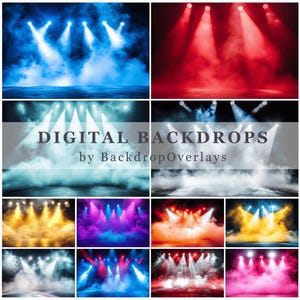 Op de afbeelding: Een collage van digitale achtergronden met podiumverlichtingseffecten. De afbeeldingen tonen verschillende kleurenschema's, waaronder blauw, rood, geel en paars, met lichtstralen die door atmosferische mist schijnen. De tekst luidt "DIGITAL BACKDROPS by BackdropOverlays."