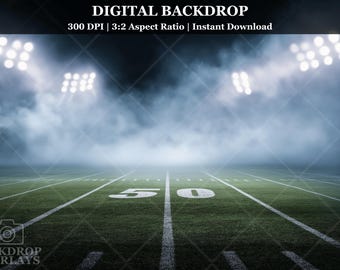 May include: Digital backdrop featuring a football field with the 50-yard line in focus. The field is green with white yard lines. Overhead, bright stadium lights illuminate the scene, and fog adds a dramatic effect. The text "DIGITAL BACKDROP" is at the top.