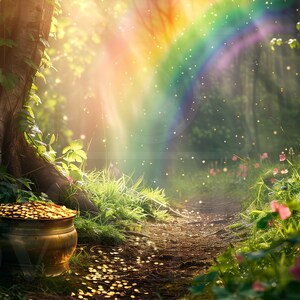 Può includere: Un pentolone pieno di monete d'oro si trova alla base di un albero in una lussureggiante foresta verde. Un arcobaleno brilla sullo sfondo, con la luce del sole che filtra tra gli alberi.