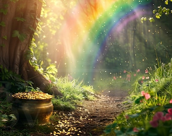 St Patty&#39;s Day Digital Backdrop Pot of Gold Rainbow Digital Background Perfect Backdrop for Kids Portraits and Composite Photography