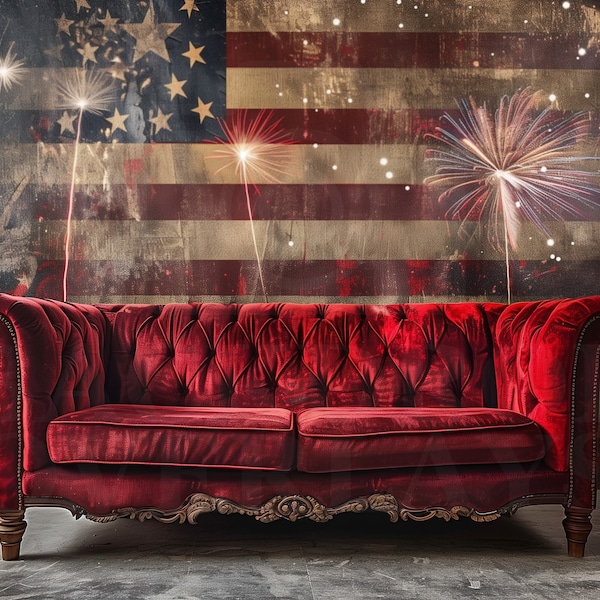 Patriotic Digital Backdrop Memorial Day Fourth of July Digital Background Fireworks Star Spangled Sofa Backdrop Overlay Composite Portrait