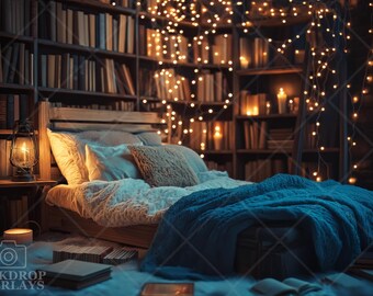 May include: A cozy bedroom with a bed dressed in blue and white bedding, surrounded by bookshelves filled with books. The room is decorated with string lights and candles, creating a warm and inviting atmosphere.