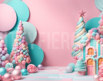 Candyland Christmas Digital Backdrop | Pastel Digital Background for Holiday Portraits | PNG Backdrop Overlays