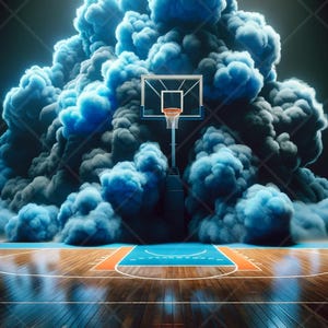 May include: A basketball hoop stands on a wooden court with a blue and orange painted key. A large cloud of blue smoke surrounds the hoop.