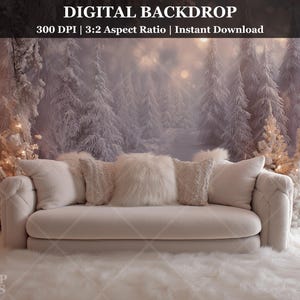 May include: Digital backdrop featuring a cream-colored sofa with fluffy pillows, set against a winter forest scene. The backdrop includes text: DIGITAL BACKDROP, 300 DPI, 3:2 Aspect Ratio, Instant Download. The scene is lit with soft, warm lighting.