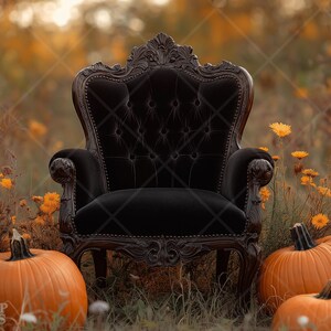 May include: A black velvet armchair with ornate wood carvings sits in a field of yellow wildflowers. Two orange pumpkins are in the foreground.