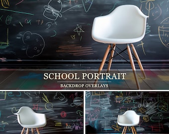 May include: Three images of a white chair with wooden legs against a black chalkboard background with colorful chalk drawings. The chair is in the center of each image. The background is different in each image. The first image has a wooden floor. The second image has a wooden floor with a colorful striped rug. The third image has a wooden floor with a colorful striped rug.
