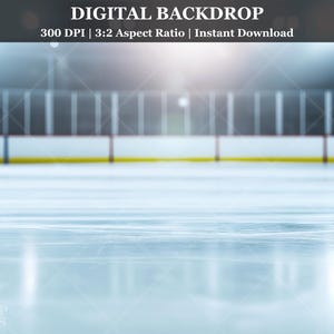 May include: Digital backdrop image of an ice hockey rink. The ice surface is a light blue with visible scratches and markings. The boards are white with a yellow stripe. The text "DIGITAL BACKDROP" and other details are at the top.