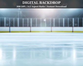 May include: Digital backdrop image of an ice hockey rink. The ice surface is a light blue with visible scratches and markings. The boards are white with a yellow stripe. The text "DIGITAL BACKDROP" and other details are at the top.