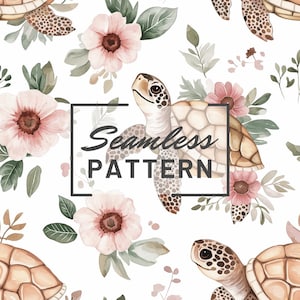 May include: Seamless pattern featuring watercolor illustrations of turtles and pink flowers. The text "Seamless Pattern" is written in black on a white background.