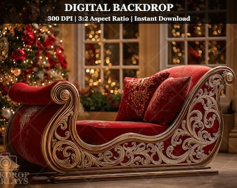 May include: A red sleigh with gold trim and decorative carvings, filled with red pillows. The sleigh is set against a backdrop of a Christmas tree and a window with lights. The image includes the text "DIGITAL BACKDROP".