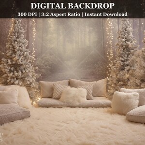 May include: A digital backdrop featuring a winter forest scene with snow-covered trees and a seating area. The scene includes a fluffy white rug, pillows, and a bench. The text "DIGITAL BACKDROP" and "300 DPI | 3:2 Aspect Ratio | Instant Download" are visible.