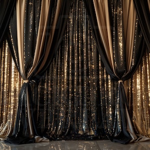 May include: A backdrop of black and gold sequined curtains. The curtains are arranged in a symmetrical pattern, with the black curtains in the center and the gold curtains on either side.