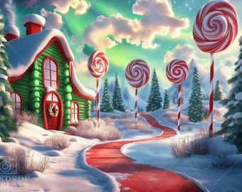 May include: A whimsical winter scene with a green log cabin, a red brick path, and candy cane trees with red and white swirl lollipops. The scene is covered in snow and has a bright blue sky with white clouds.
