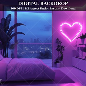 May include: A digital backdrop featuring a bedroom with a bed, a plant, a window with a city view, and a neon pink heart sign on the wall. The room is lit with purple and pink lights.