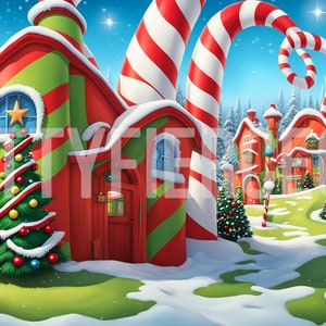 Telón de fondo digital de Navidad / Whimsical Cartoon Ville Telón de fondo de Navidad / Superposiciones de telón de fondo para retratos navideños