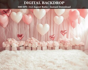 May include: A digital backdrop featuring a pink and white heart-shaped balloon arrangement with a white fluffy rug in the foreground. The backdrop is a pink and white tulle curtain.