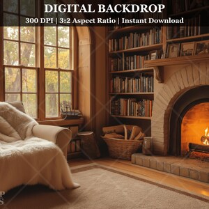 May include: A cozy interior scene with a fireplace, armchair, and bookshelves. The room is bathed in warm light, with a window overlooking a fall landscape. The text "DIGITAL BACKDROP" is visible.
