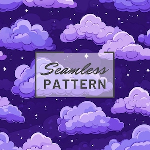 May include: A seamless pattern featuring fluffy purple clouds against a dark purple starry night sky. The text "Seamless Pattern" is displayed in a white rectangle.