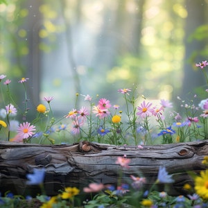 May include: A weathered log sits in a field of wildflowers. The flowers are in shades of pink, purple, and yellow. The background is a blurred forest.