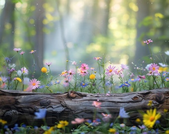 Wildflower Digital Backdrop Enchanted Forest Log Digital Background Whimsical Childrens Portrait Backdrop Overlay Photography Composite