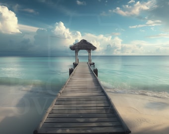 May include: A wooden pier extends out over a turquoise ocean, leading to a thatched roof hut. The sky is a bright blue with fluffy white clouds.