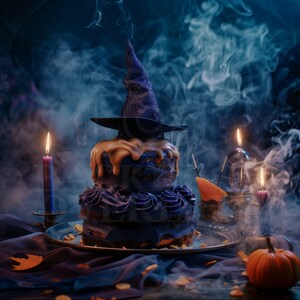 May include: A two-tiered Halloween cake with blue frosting and a witch's hat on top. The cake sits on a silver platter surrounded by pumpkins, candles, and a smoky atmosphere. A festive and spooky dessert.