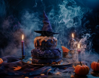 May include: A two-tiered Halloween cake with blue frosting and a witch's hat on top. The cake sits on a silver platter surrounded by pumpkins, candles, and a smoky atmosphere. A festive and spooky dessert.