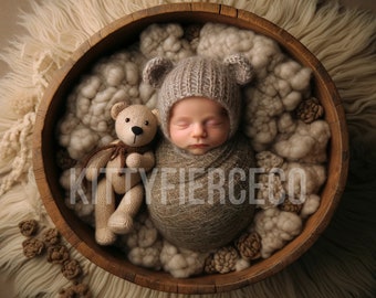 Newborn Digital Background Face Insert Digital Background Cute Teddy Bear Backdrop Overlays for Composite Photography