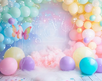 Butterfly Balloon Cake Smash Digital Backdrop Colorful Children Birthday Photography Background Studio Portrait Composite