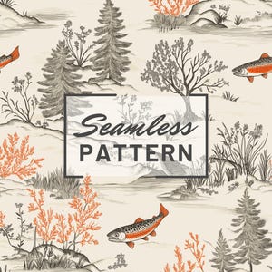 Peut inclure: Un motif sans couture représentant un motif répétitif de truites, d'arbres et de feuillage. Le motif est sur un fond beige clair. Le texte "Seamless Pattern" est affiché dans un rectangle noir.