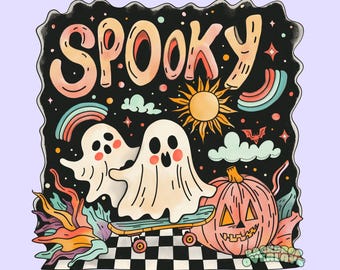 May include: A spooky Halloween illustration with two ghosts riding a skateboard, a jack-o-lantern, and the word "Spooky" in colorful letters.