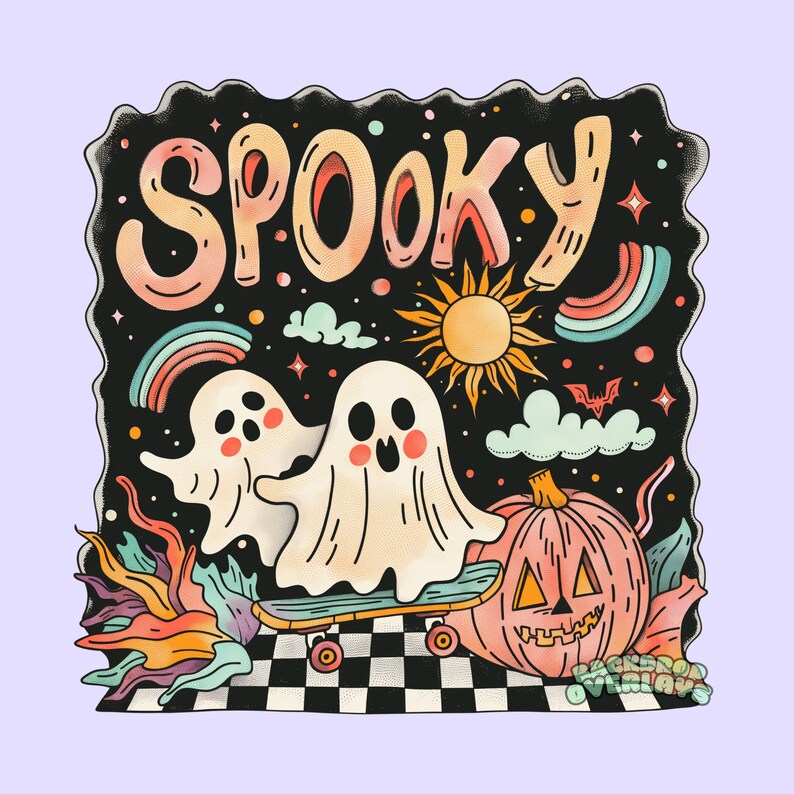 May include: A spooky Halloween illustration with two ghosts riding a skateboard, a jack-o-lantern, and the word "Spooky" in colorful letters.