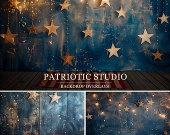 May include: A digital backdrop featuring a blue and white distressed background with gold stars and white lights. The text "PATRIOTIC STUDIO BACKDROP OVERLAYS" is at the bottom of the image. The image is divided into three sections, each with a different variation of the background.