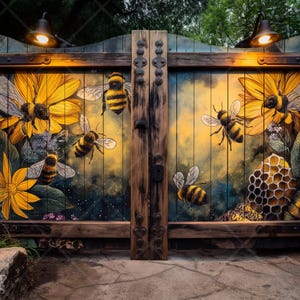 May include: A pair of wooden gates painted with a whimsical scene of sunflowers and bees. The gates are adorned with metal hardware and have a rustic, weathered look.