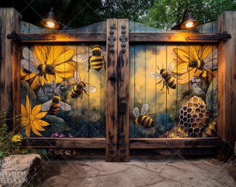 Bee Garden Gate Digital Backdrop Rustic Outdoor Photo Prop Sunflowers Beehive Photography Background