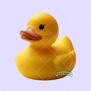 May include: A yellow rubber duck with a brown beak and black eyes. The duck is sitting on a light purple background.