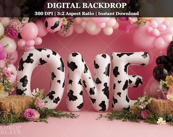 May include: A digital backdrop for a first birthday celebration. The backdrop features the word "ONE" in large, inflatable letters with a black and white cow print. Pink and white balloons, flowers, and hay bales complete the festive scene. The text "DIGITAL BACKDROP" is at the top.